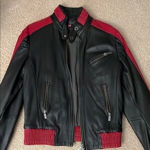 Black and Red Leather Bomber Jacket with Stand-Up Collar